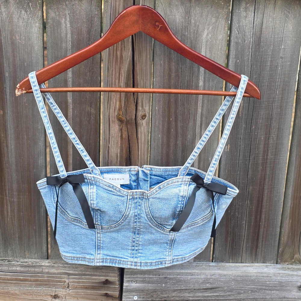 PacSun Denim Bustier Crop Bra Top M Y2K Coquette Bow Corset Style - Picture 10 of 16